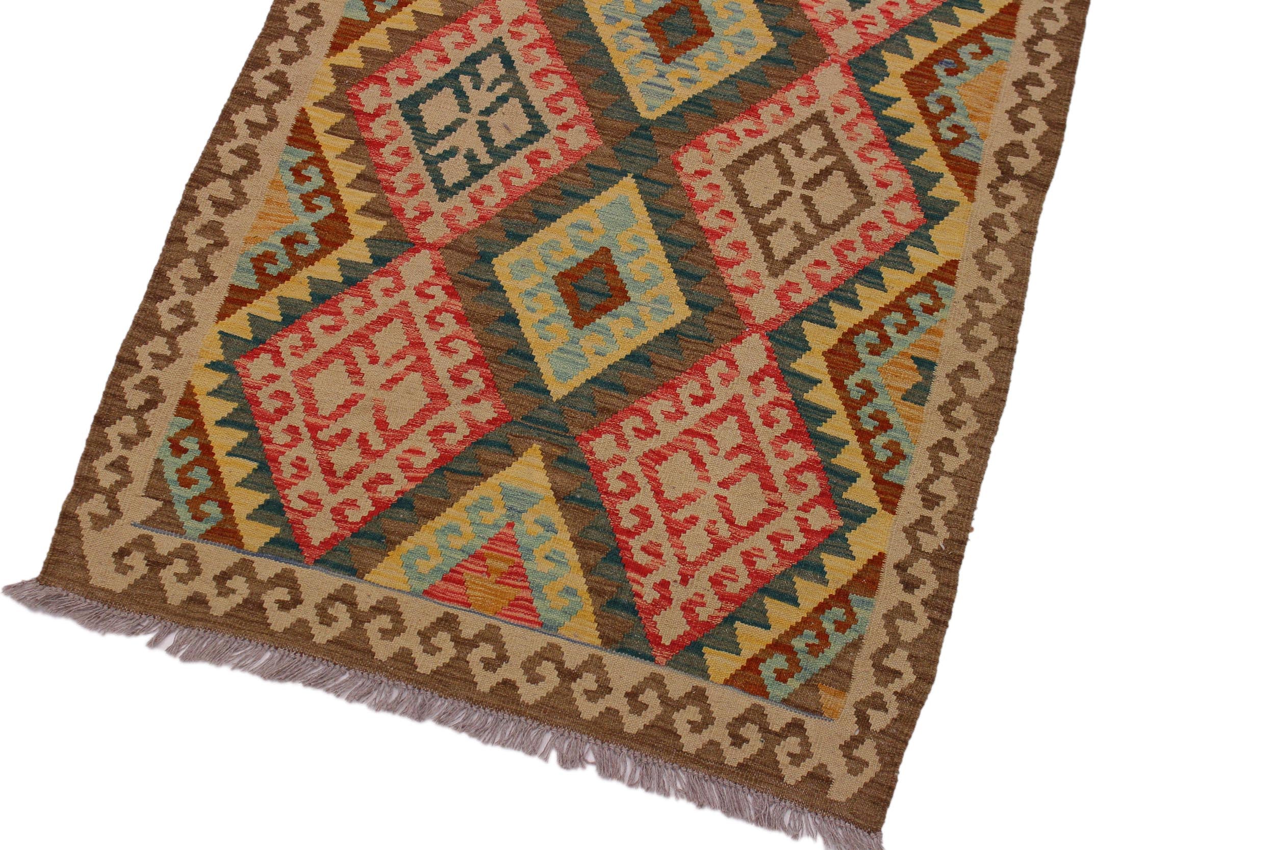 handmade Geometric Kilim Brown Red Hand-Woven RUNNER 100% WOOL area rug 4 x 8