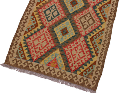 handmade Geometric Kilim Brown Red Hand-Woven RUNNER 100% WOOL area rug 4 x 8