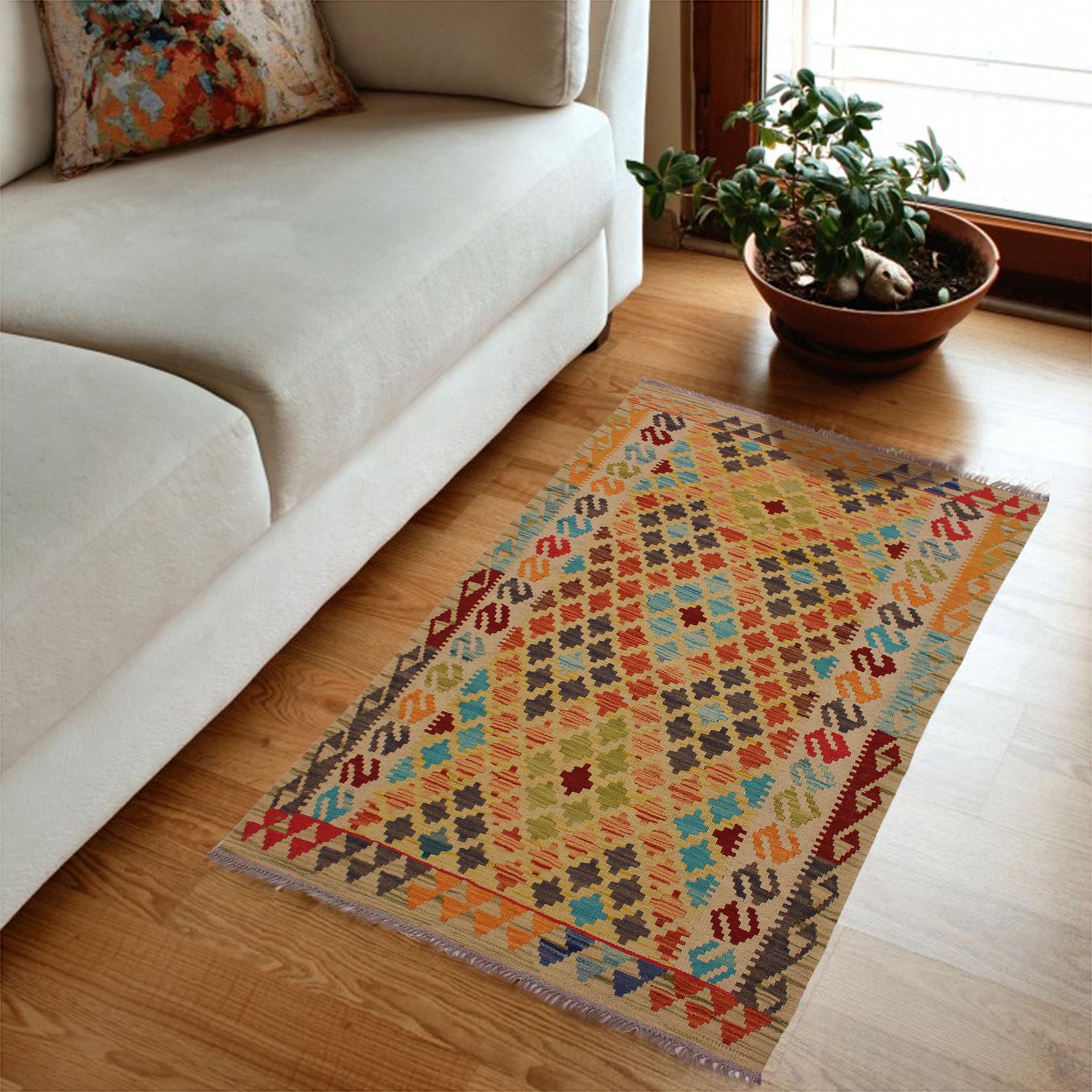 handmade Geometric Kilim Beige Red Hand-Woven RECTANGLE 100% WOOL area rug 3 x 5