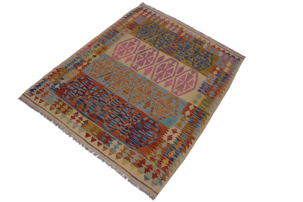 Flat Weave Kilim Antique Navaho Vintage handmade Geometric Kilim Beige Blue Hand-Woven Rectangle 100% Wool Area Rug 5x7 