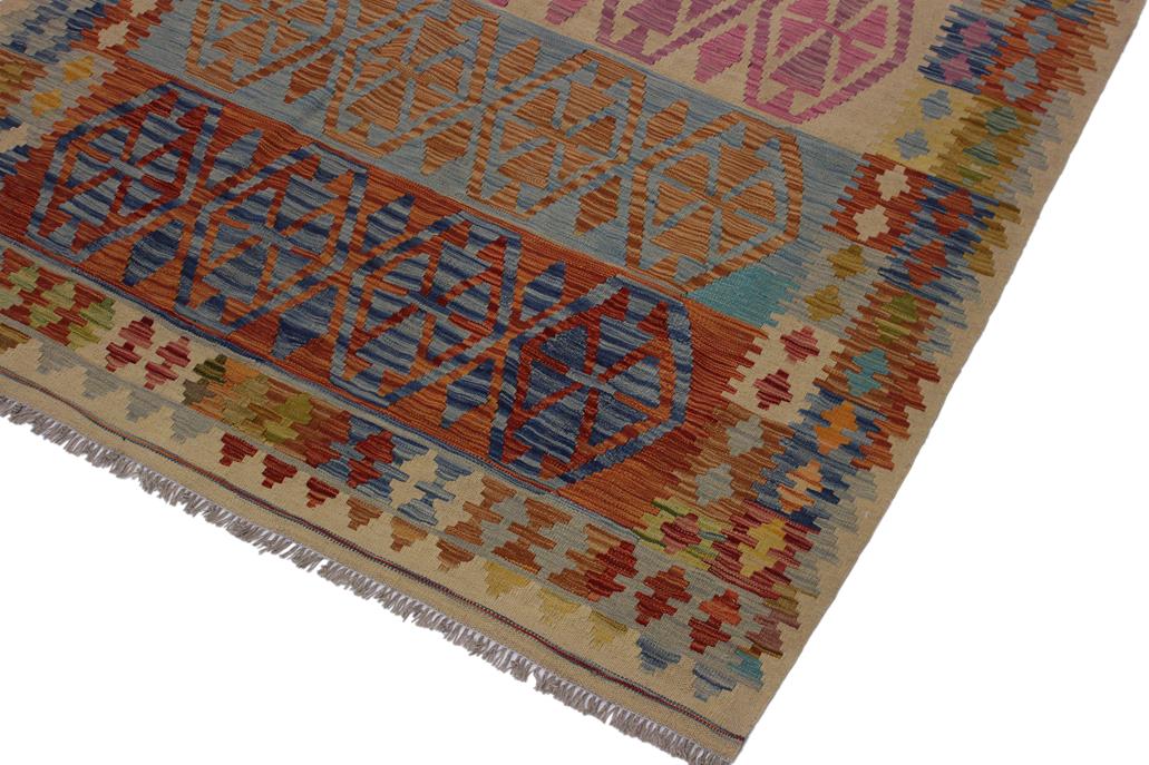 Flat Weave Kilim Antique Navaho Vintage handmade Geometric Kilim Beige Blue Hand-Woven Rectangle 100% Wool Area Rug 5x7 