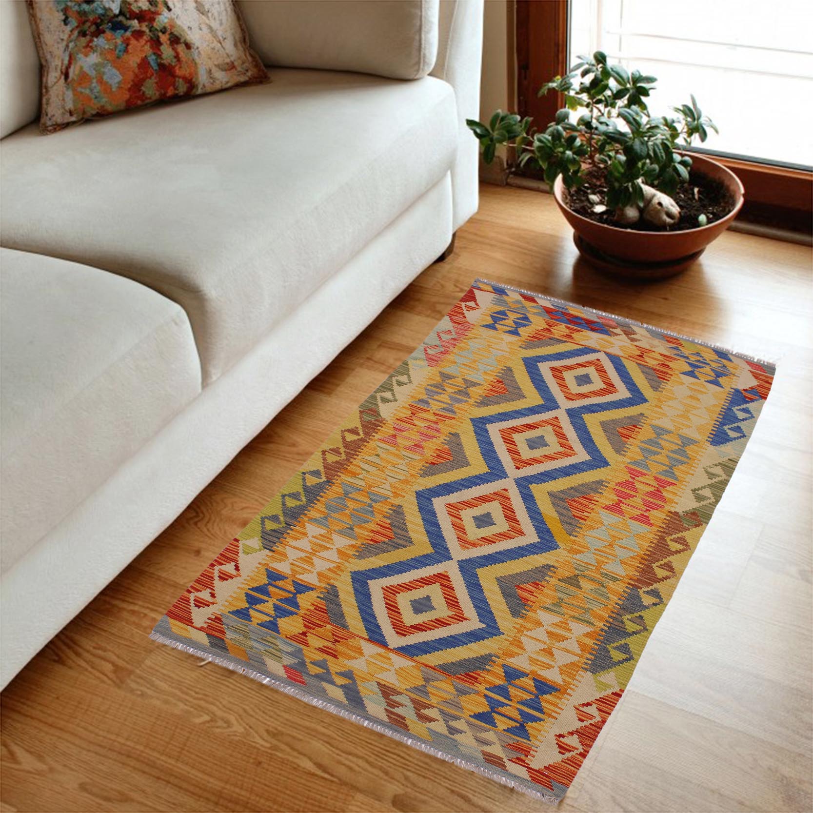 handmade Geometric Kilim Beige Blue Hand-Woven RECTANGLE 100% WOOL area rug 3' x 6'