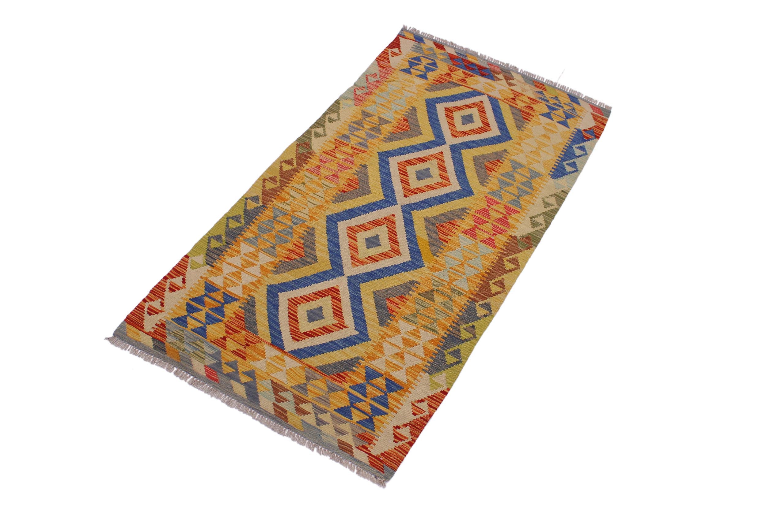 handmade Geometric Kilim Beige Blue Hand-Woven RECTANGLE 100% WOOL area rug 3' x 6'