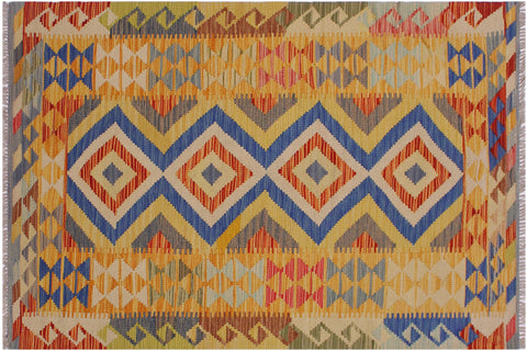 handmade Geometric Kilim Beige Blue Hand-Woven RECTANGLE 100% WOOL area rug 3' x 6'
