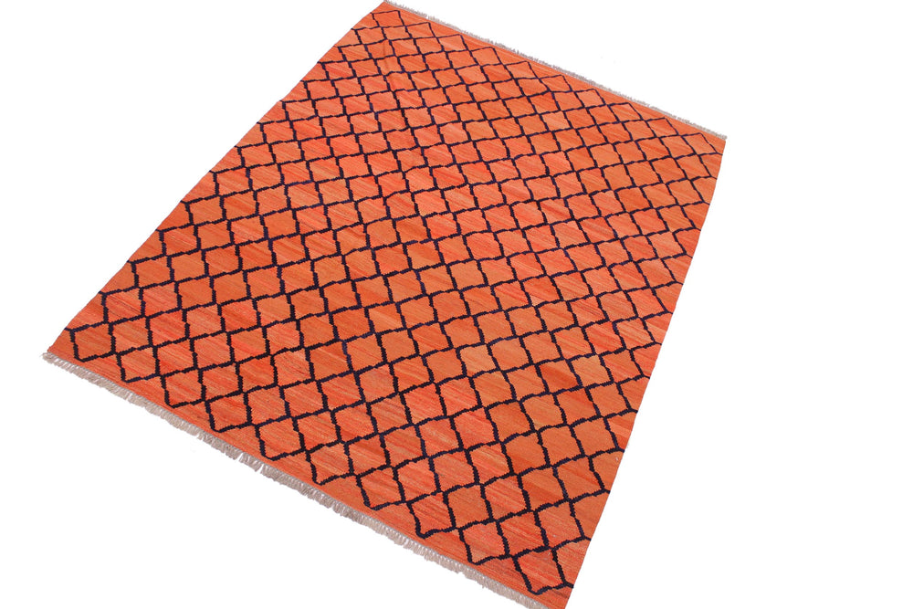handmade Modern Kilim Orange Blue Hand-Woven RECTANGLE 100% WOOL area rug 5' x 7'