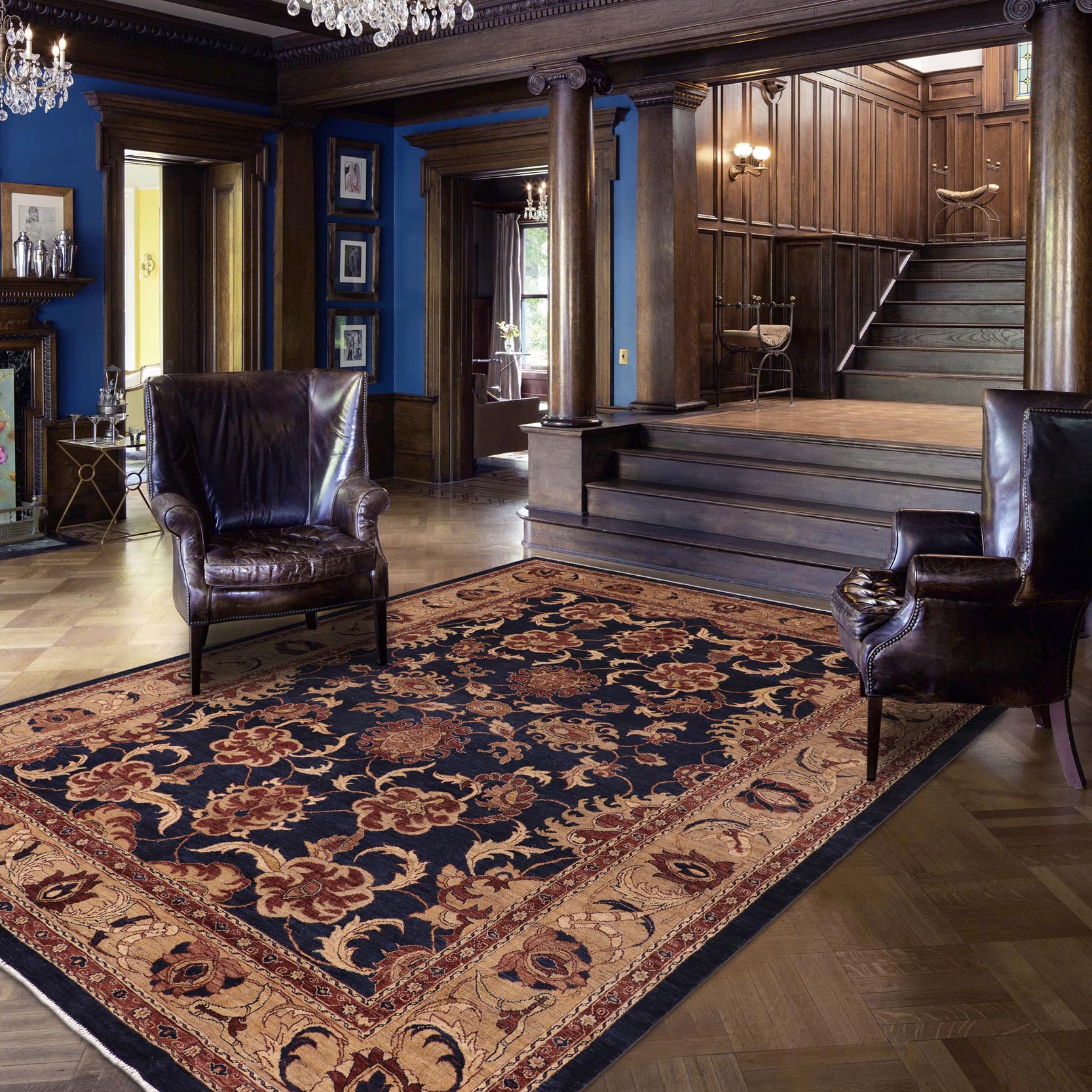 handmade Traditional Kafkaz Blue Tan Hand Knotted RECTANGLE 100% WOOL area rug 10x14