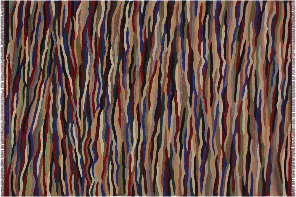 handmade Modern Kilim Red Ivory Hand-Woven RECTANGLE 100% WOOL area rug 5x7