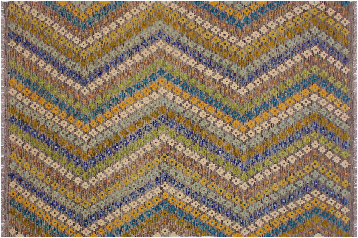 5x8 hand woven Turkish Modern Kilim wool rug in ivory and gray - Turkish Eclectic Breann