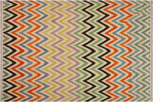 handmade Modern Kilim Ivory Black Hand-Woven RECTANGLE 100% WOOL area rug 9x11