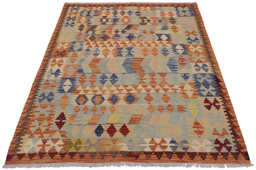 Flat Weave Kilim Antique Navaho Vintage handmade Geometric Kilim Rust Tan Hand-Woven Rectangle 100% Wool Area Rug 5x7 