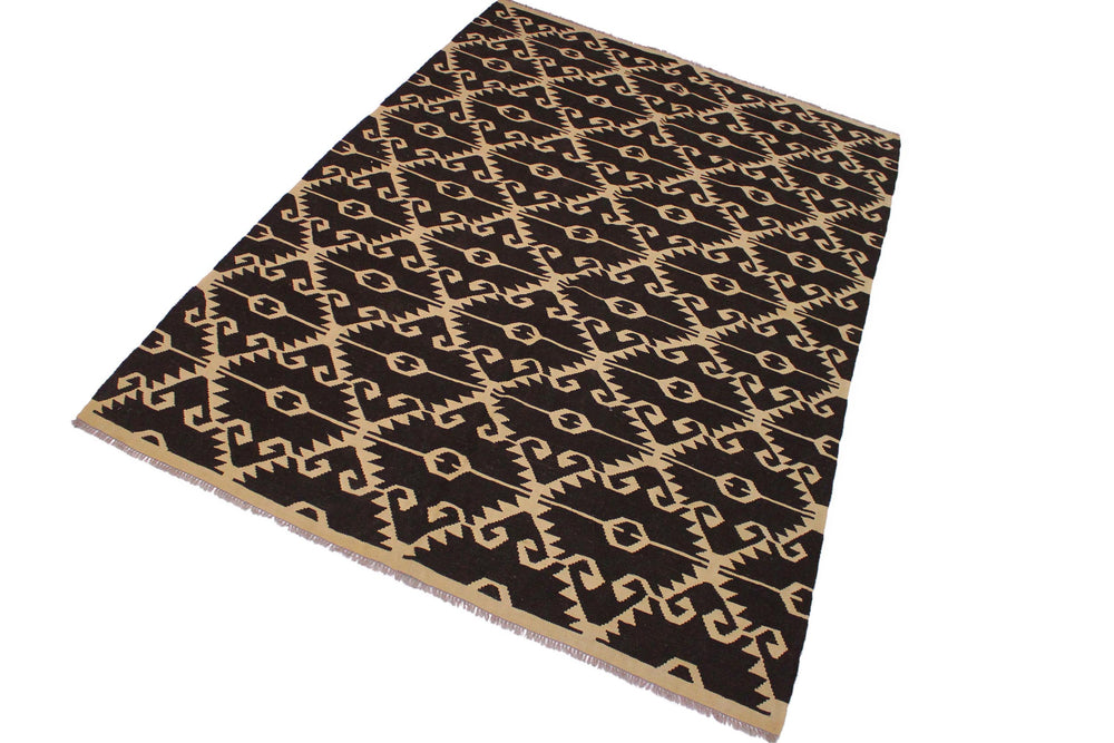 handmade Modern Kilim Brown Black Hand-Woven RECTANGLE 100% WOOL area rug 7' x 10'