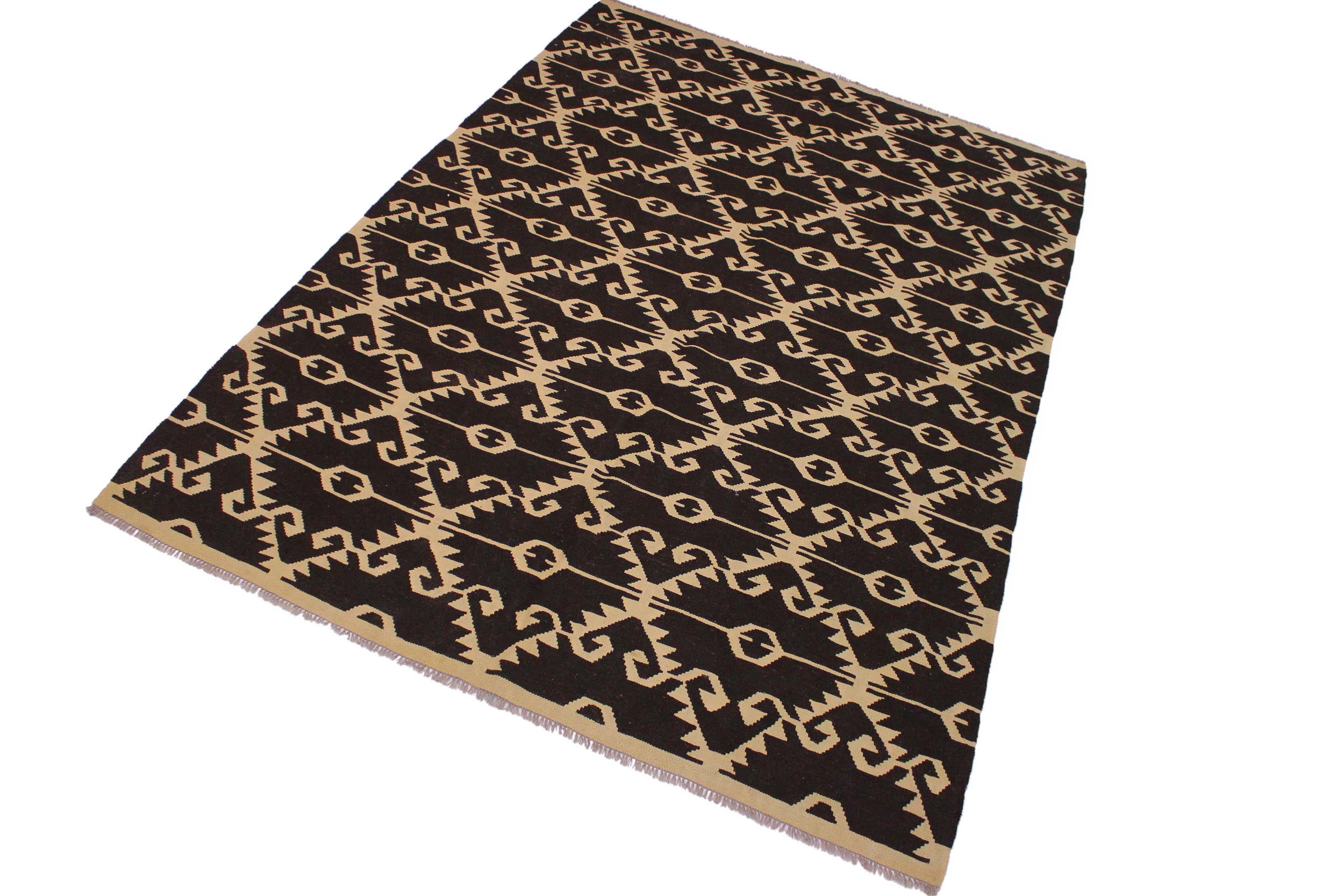 handmade Modern Kilim Brown Black Hand-Woven RECTANGLE 100% WOOL area rug 7' x 10'