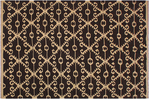 handmade Modern Kilim Brown Black Hand-Woven RECTANGLE 100% WOOL area rug 7' x 10'