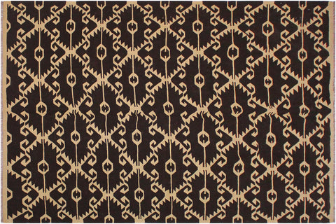 handmade Modern Kilim Brown Black Hand-Woven RECTANGLE 100% WOOL area rug 7' x 10'
