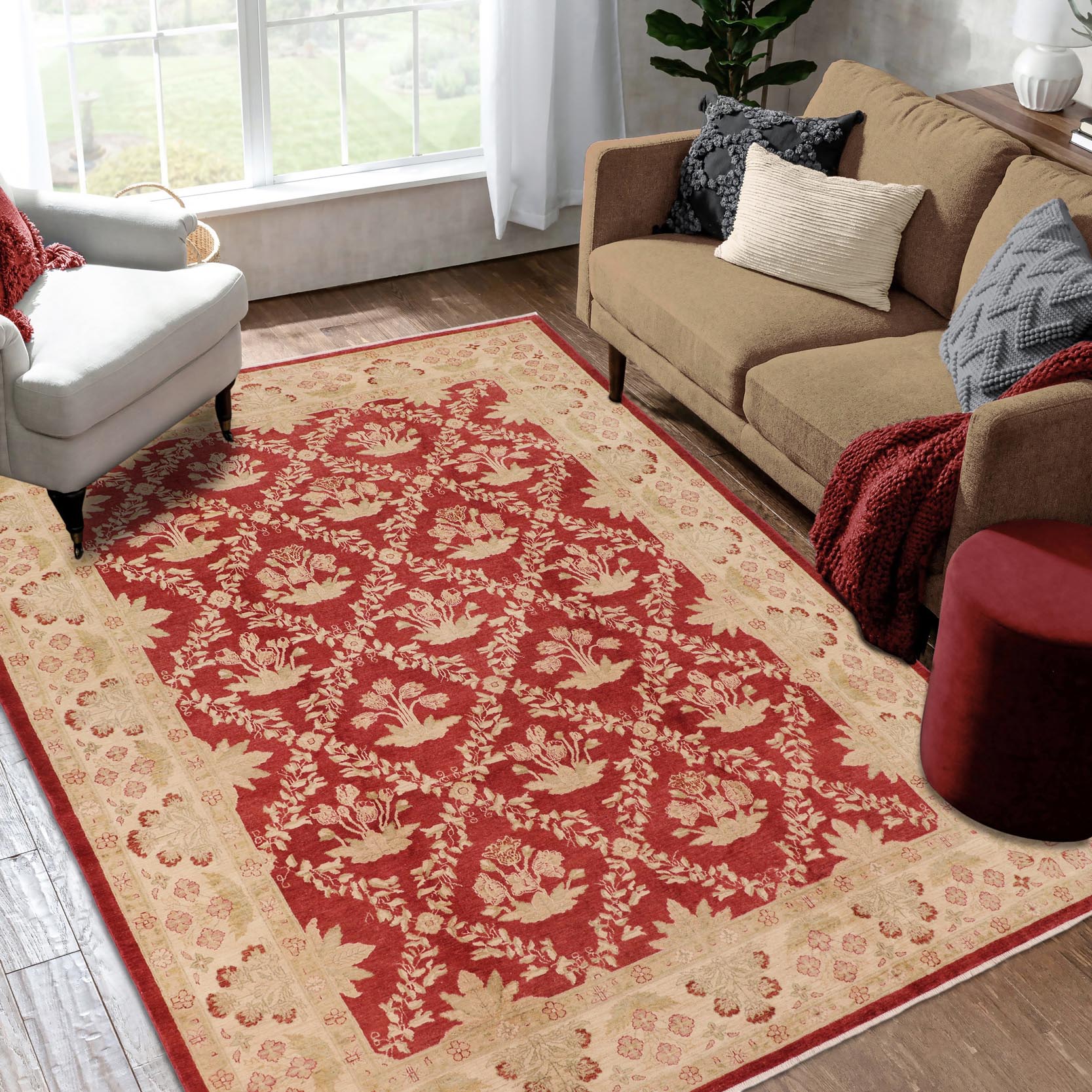 handmade Transitional Victoria Red Beige Hand Knotted RECTANGLE 100% WOOL area rug 10' x 14'