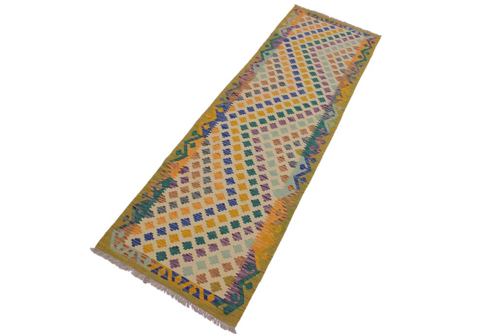 Flat Weave Kilim Antique Navaho Vintage handmade Modern Kilim Ivory Blue Hand-Woven Runner 100% Wool Area Rug 3x10 