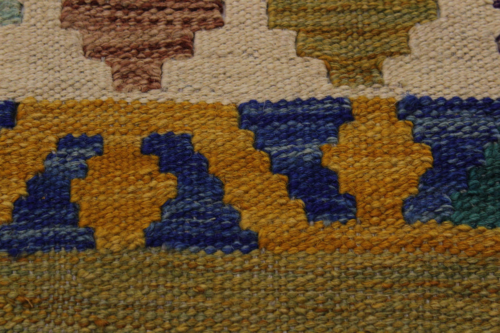 handmade Modern Kilim Ivory Blue Hand-Woven RUNNER 100% WOOL area rug 3x10
