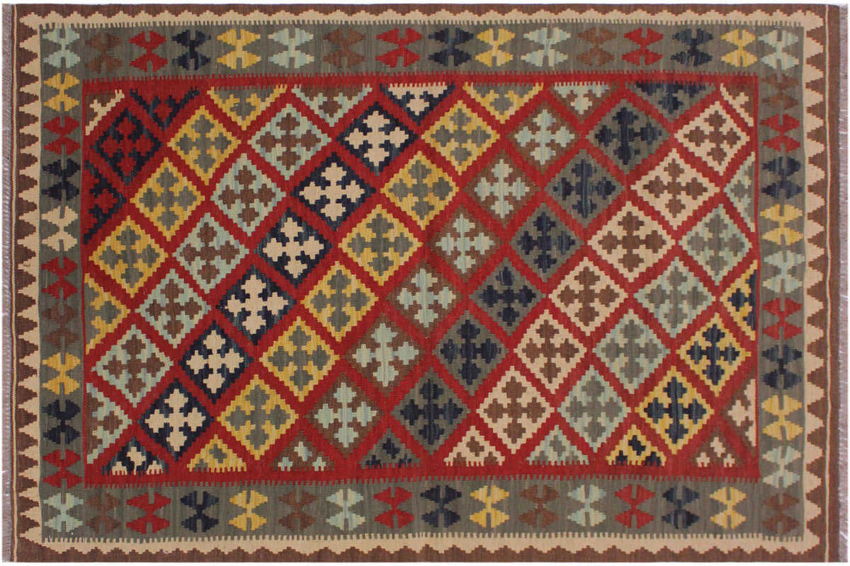 4x5 hand woven Turkish Kilim wool rug in red and brown - Tribal Brice Turkish