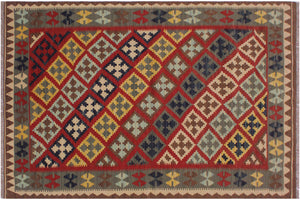 handmade Geometric Kilim Red Brown Hand-Woven RECTANGLE 100% WOOL area rug 4 x 5