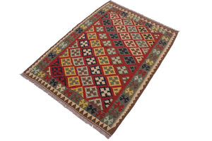 handmade Geometric Kilim Red Brown Hand-Woven RECTANGLE 100% WOOL area rug 4 x 5