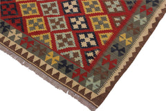 Flat Weave Kilim Antique Navaho Vintage handmade Geometric Kilim Red Brown Hand-Woven Rectangle 100% Wool Area Rug 4x5 