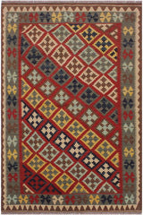 Flat Weave Kilim Antique Navaho Vintage handmade Geometric Kilim Red Brown Hand-Woven Rectangle 100% Wool Area Rug 4x5 