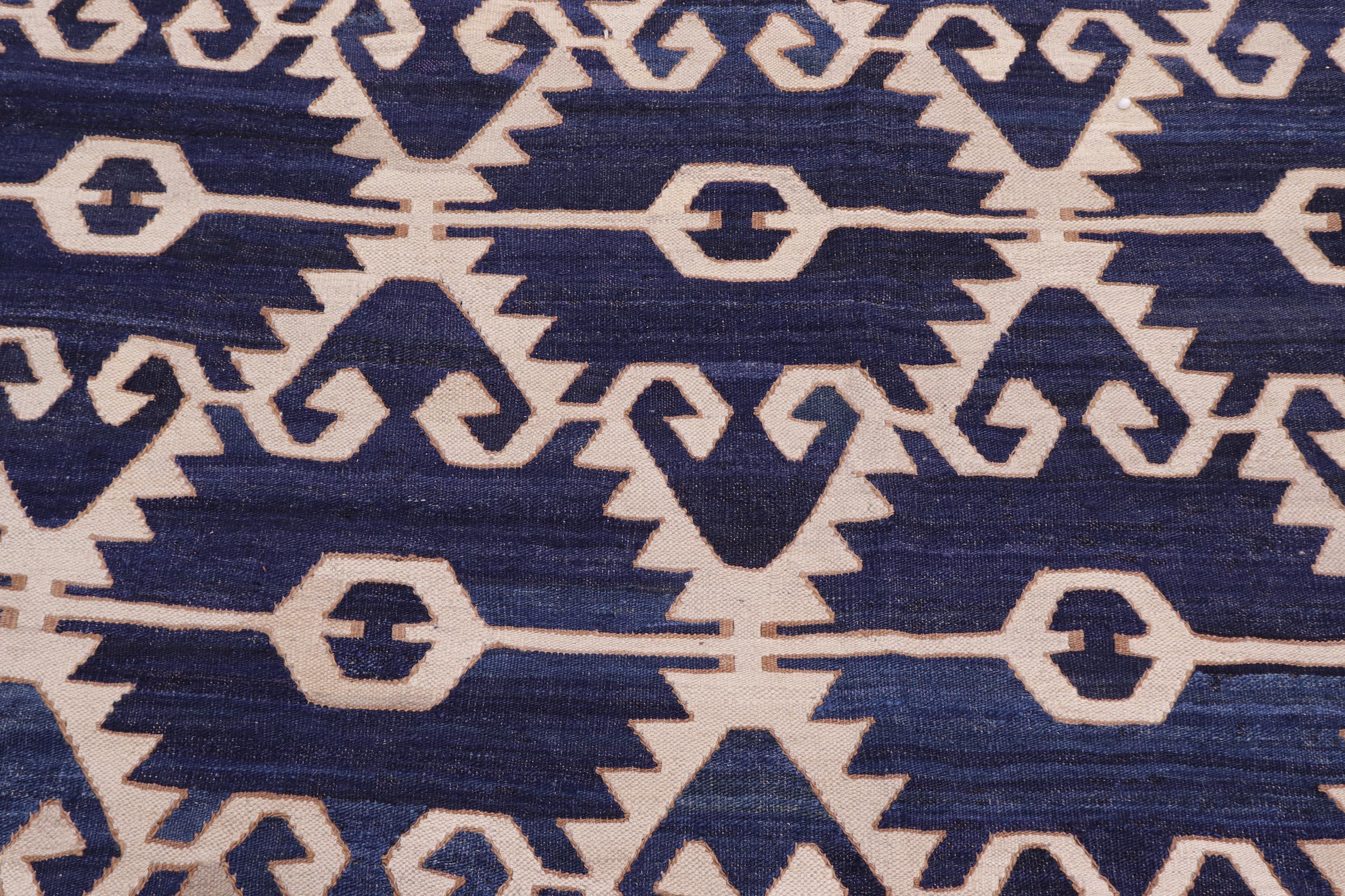 handmade Modern Kilim Blue Ivory Hand-Woven RECTANGLE 100% WOOL area rug 12' x 17'