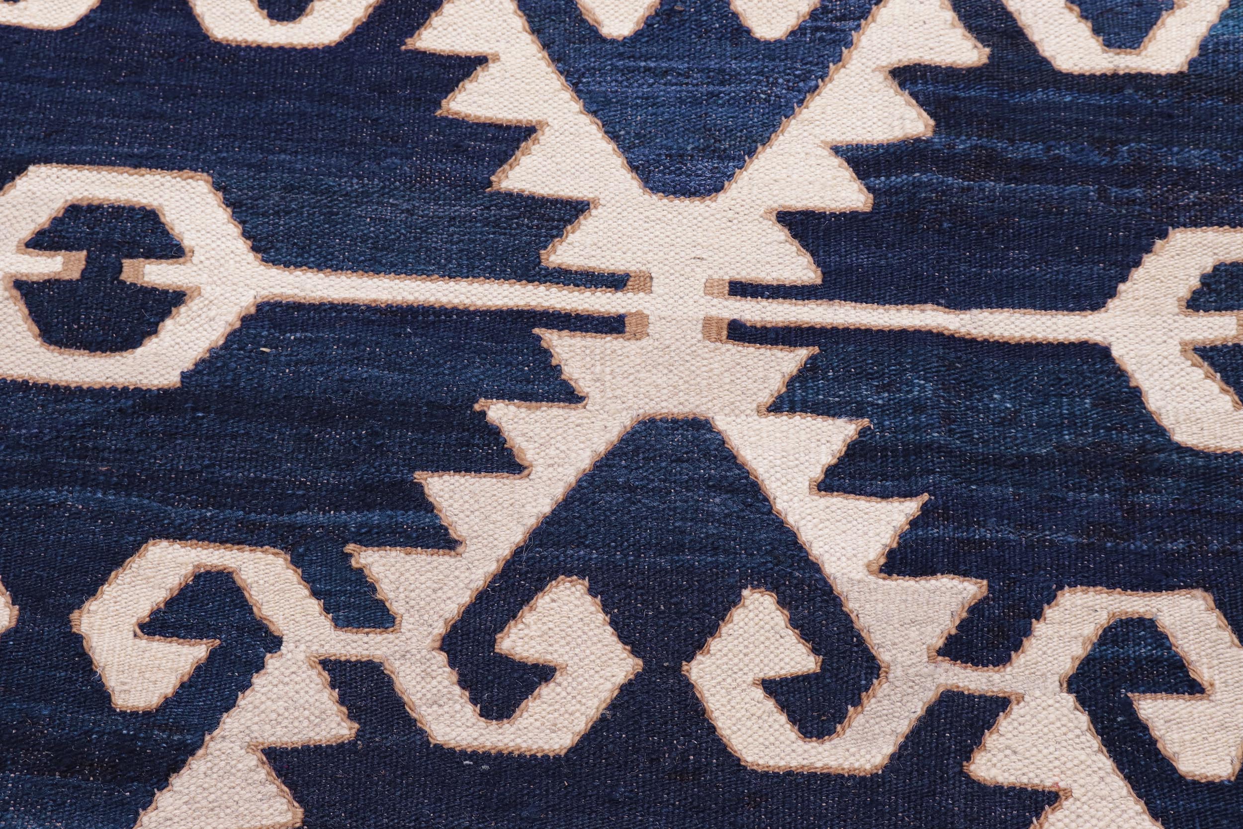 handmade Modern Kilim Blue Ivory Hand-Woven RECTANGLE 100% WOOL area rug 12' x 17'