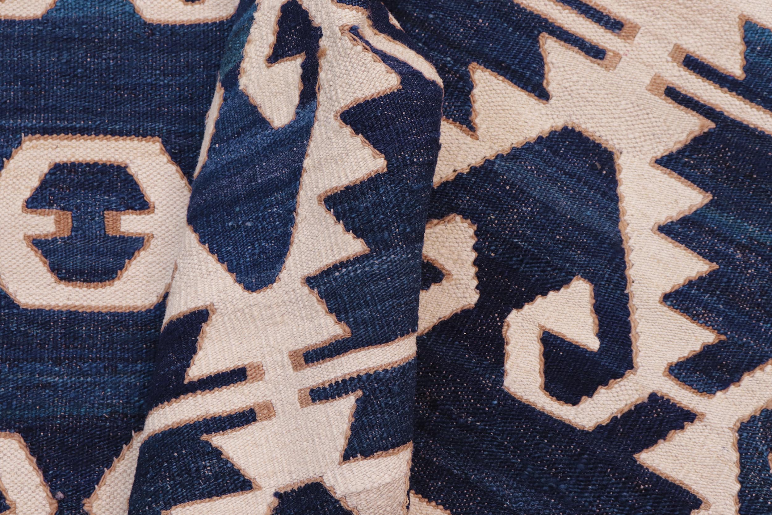 handmade Modern Kilim Blue Ivory Hand-Woven RECTANGLE 100% WOOL area rug 12' x 17'
