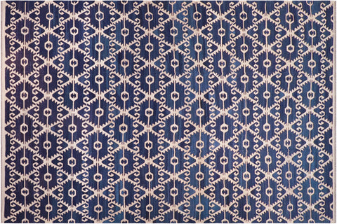 handmade Modern Kilim Blue Ivory Hand-Woven RECTANGLE 100% WOOL area rug 12' x 17'
