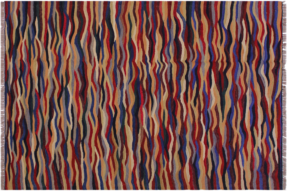 5x7 hand woven Turkish Modern Kilim wool rug in blue and red - Turkish Chevron Brigette