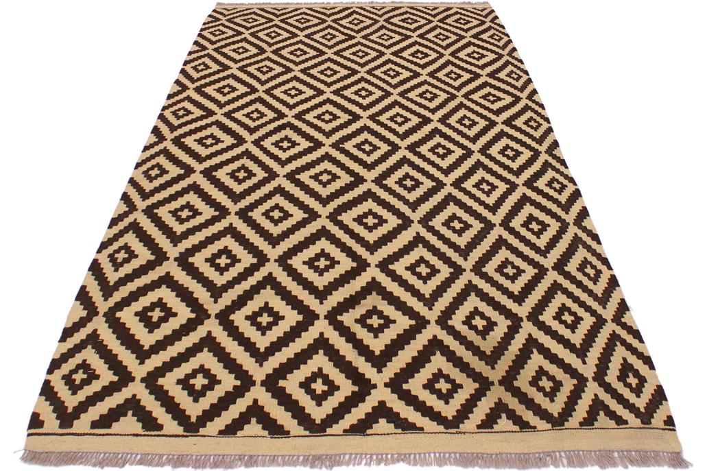 Flat Weave Kilim Antique Navaho Vintage handmade Modern Kilim Beige Brown Hand-Woven Rectangle 100% Wool Area Rug 4x7 