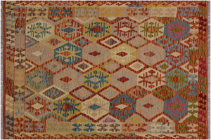 handmade Geometric Kilim Beige Rust Hand-Woven RECTANGLE 100% WOOL area rug 5 x 7