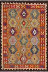 Flat Weave Kilim Antique Navaho Vintage handmade Geometric Kilim Brown Ivory Hand-Woven Rectangle 100% Wool Area Rug 5x7 