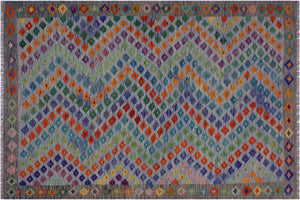handmade Modern Kilim Blue Gray Hand-Woven RECTANGLE 100% WOOL area rug 6x8
