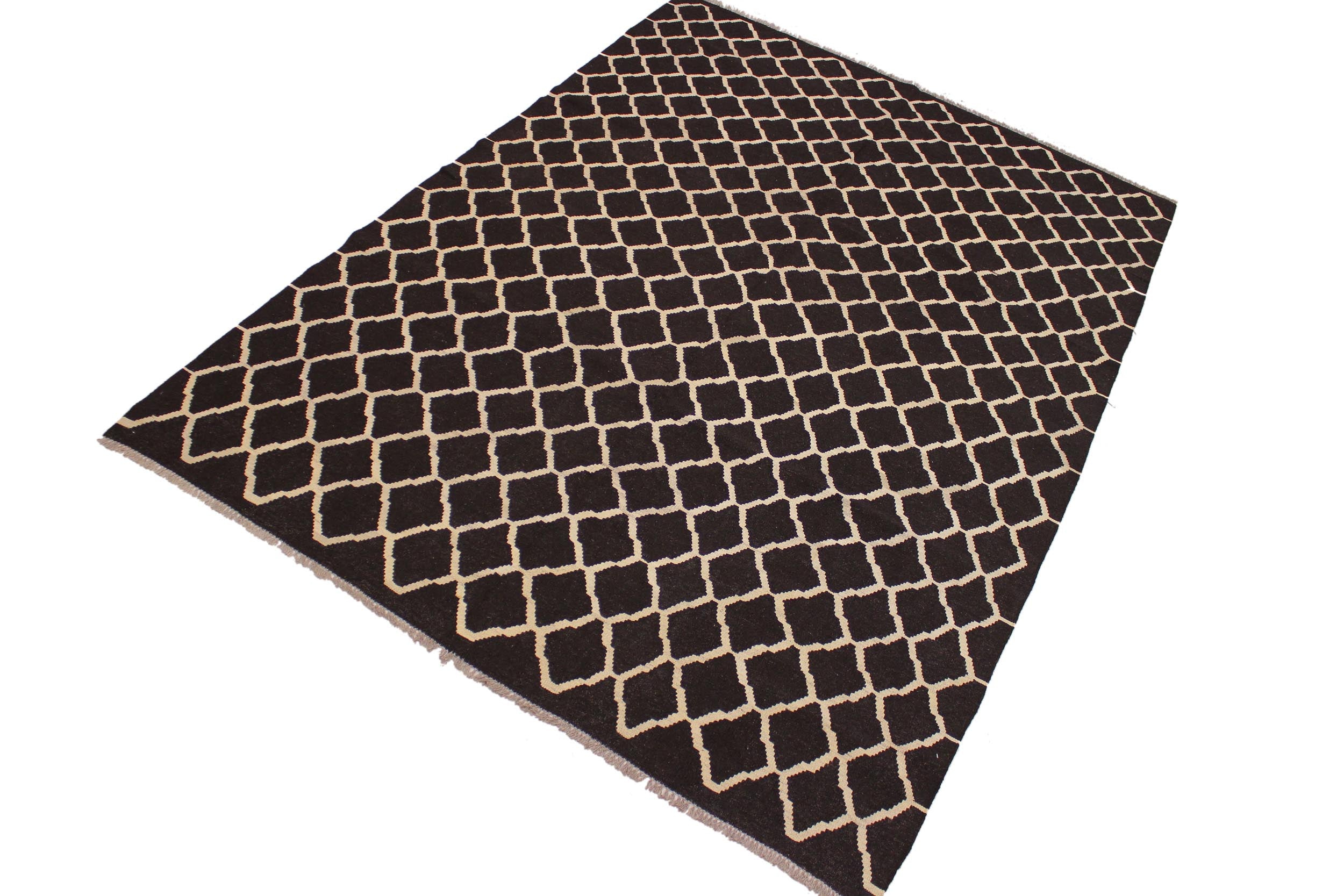 handmade Modern Kilim Black Ivory Hand-Woven RECTANGLE 100% WOOL area rug 7' x 10'