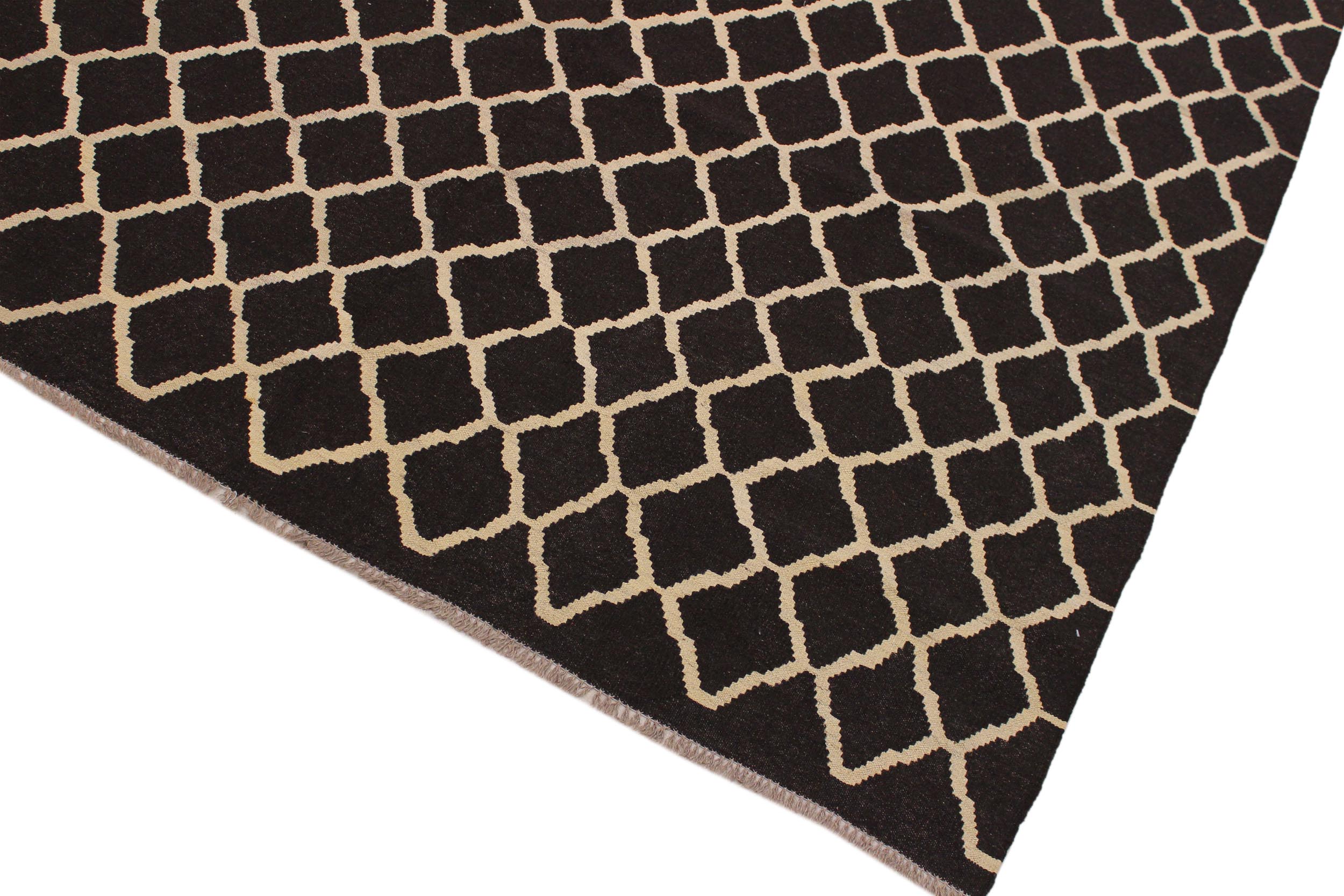 handmade Modern Kilim Black Ivory Hand-Woven RECTANGLE 100% WOOL area rug 7' x 10'