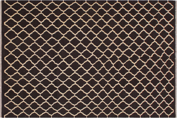 handmade Modern Kilim Black Ivory Hand-Woven RECTANGLE 100% WOOL area rug 7' x 10'