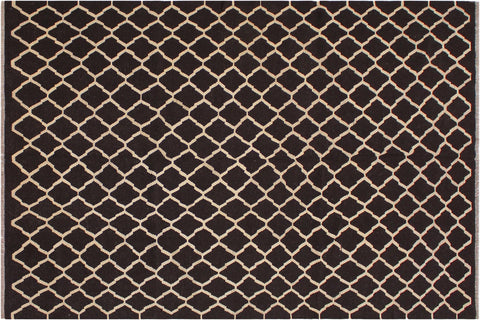 handmade Modern Kilim Black Ivory Hand-Woven RECTANGLE 100% WOOL area rug 7' x 10'