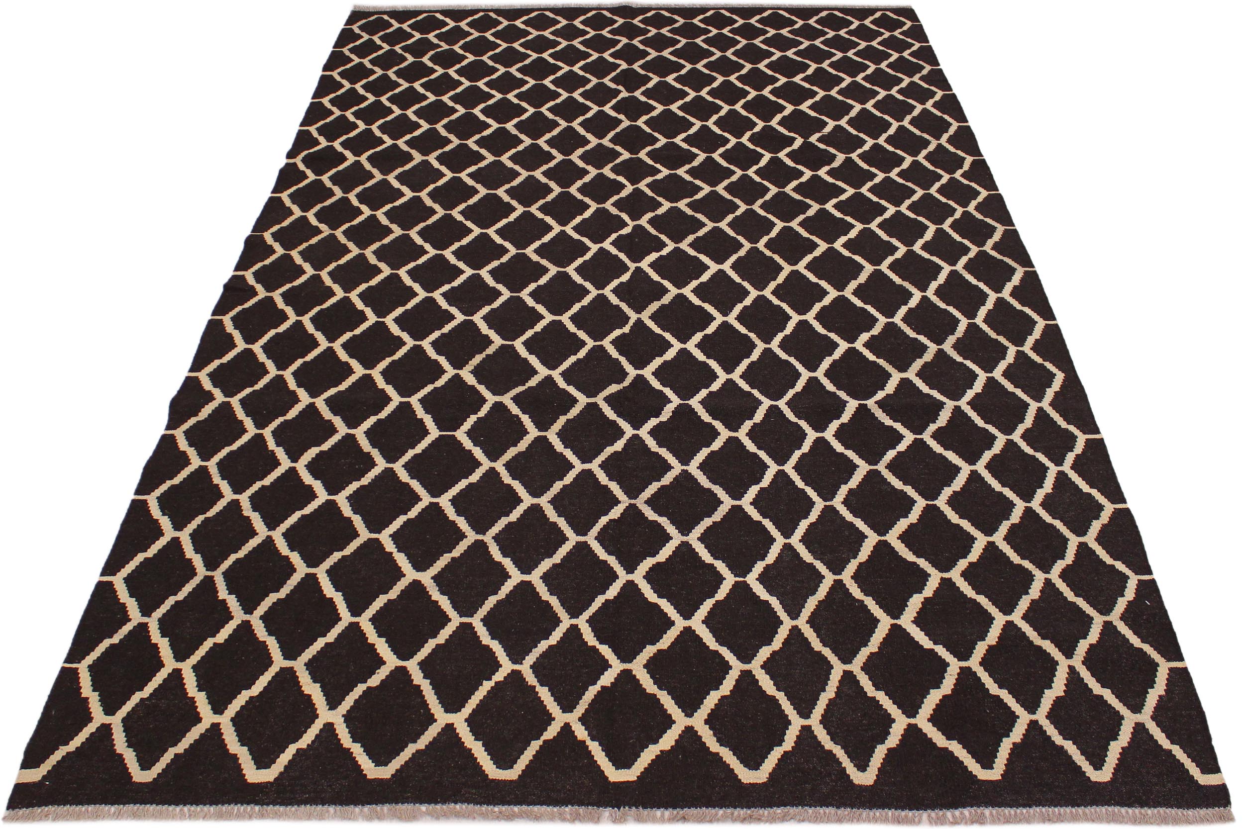 handmade Modern Kilim Black Ivory Hand-Woven RECTANGLE 100% WOOL area rug 7' x 10'