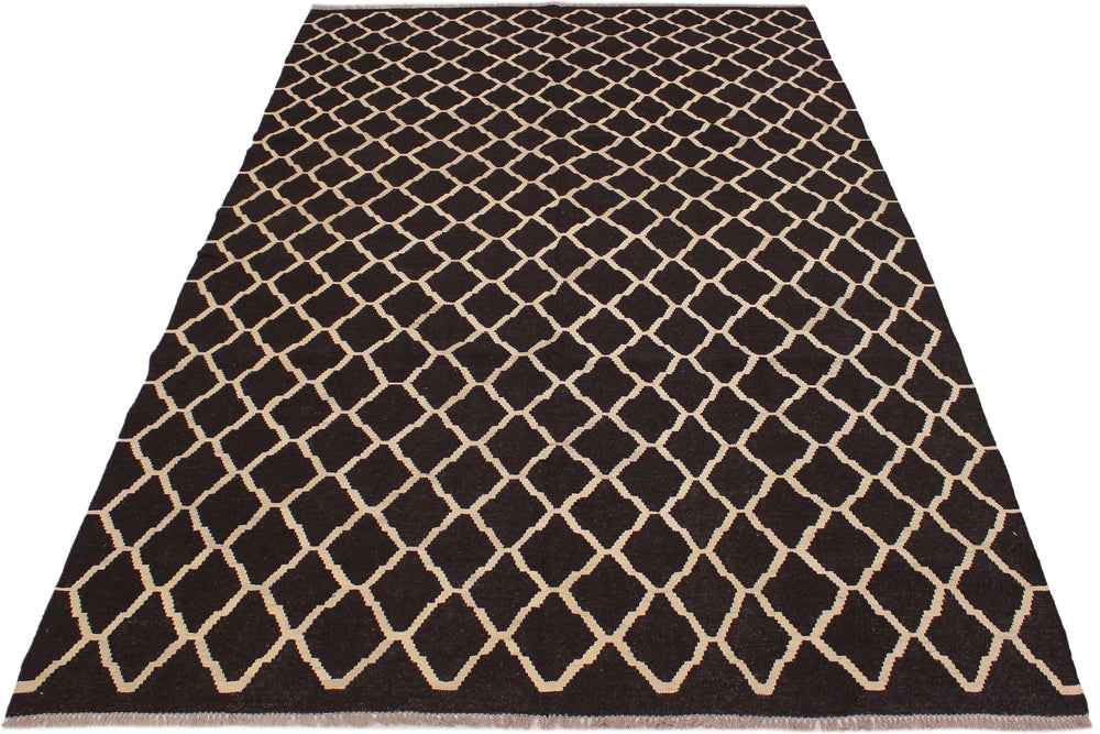 handmade Modern Kilim Black Ivory Hand-Woven RECTANGLE 100% WOOL area rug 7' x 10'