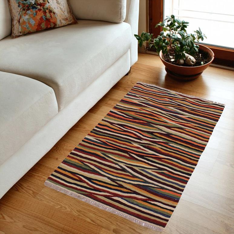 Flat Weave Kilim Antique Navaho Vintage handmade Modern Kilim Tan Blue Hand-Woven Rectangle 100% Wool Area Rug 3x4 