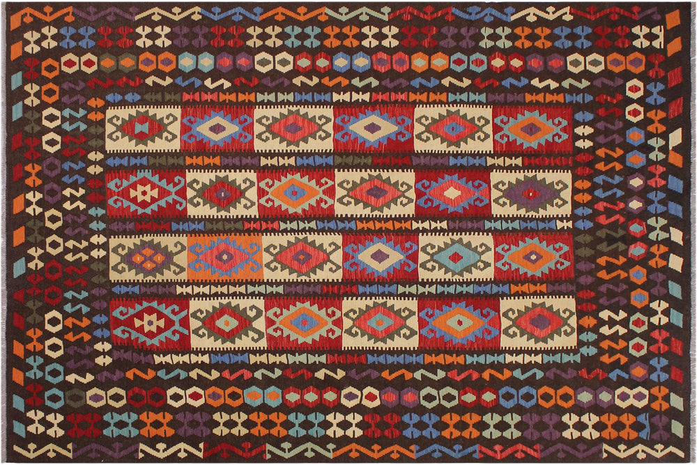 handmade Geometric Kilim Brown Rust Hand-Woven RECTANGLE 100% WOOL area rug 8 x 10