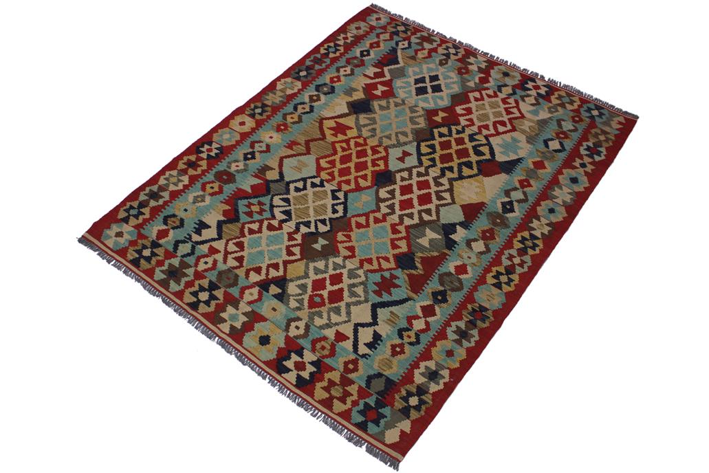 Flat Weave Kilim Antique Navaho Vintage handmade Geometric Kilim Beige Red Hand-Woven Rectangle 100% Wool Area Rug 5x7 