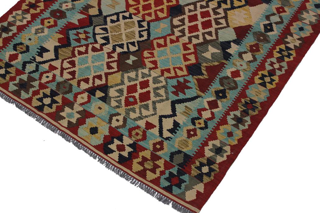 Flat Weave Kilim Antique Navaho Vintage handmade Geometric Kilim Beige Red Hand-Woven Rectangle 100% Wool Area Rug 5x7 