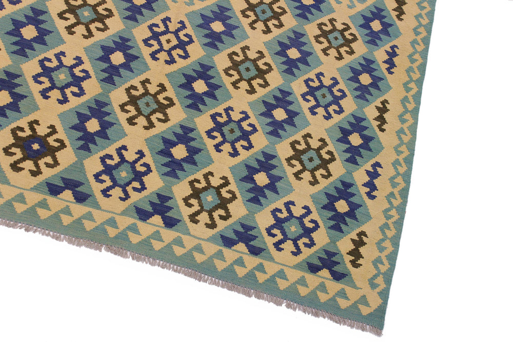 handmade Geometric Kilim Beige Blue Hand-Woven RECTANGLE 100% WOOL area rug 7 x 10