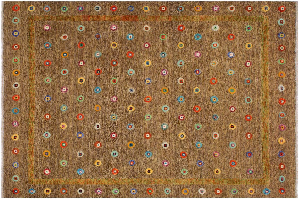 8x10 hand knotted Moroccan style wool rug in brown and gold - Moroccan Chic Candance