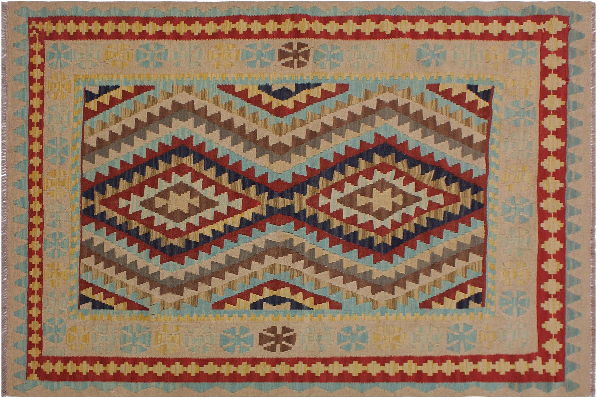 4x6 hand woven Turkish Kilim wool rug in tan and blue - Rustic Turkish Candice