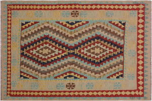 4x6 hand woven Turkish Kilim wool rug in tan and blue - Rustic Turkish Candice