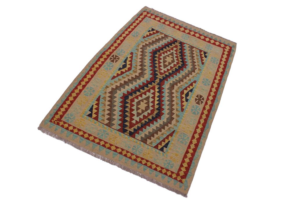 Flat Weave Kilim Antique Navaho Vintage handmade Geometric Kilim Tan Blue Hand-Woven Rectangle 100% Wool Area Rug 4x6 